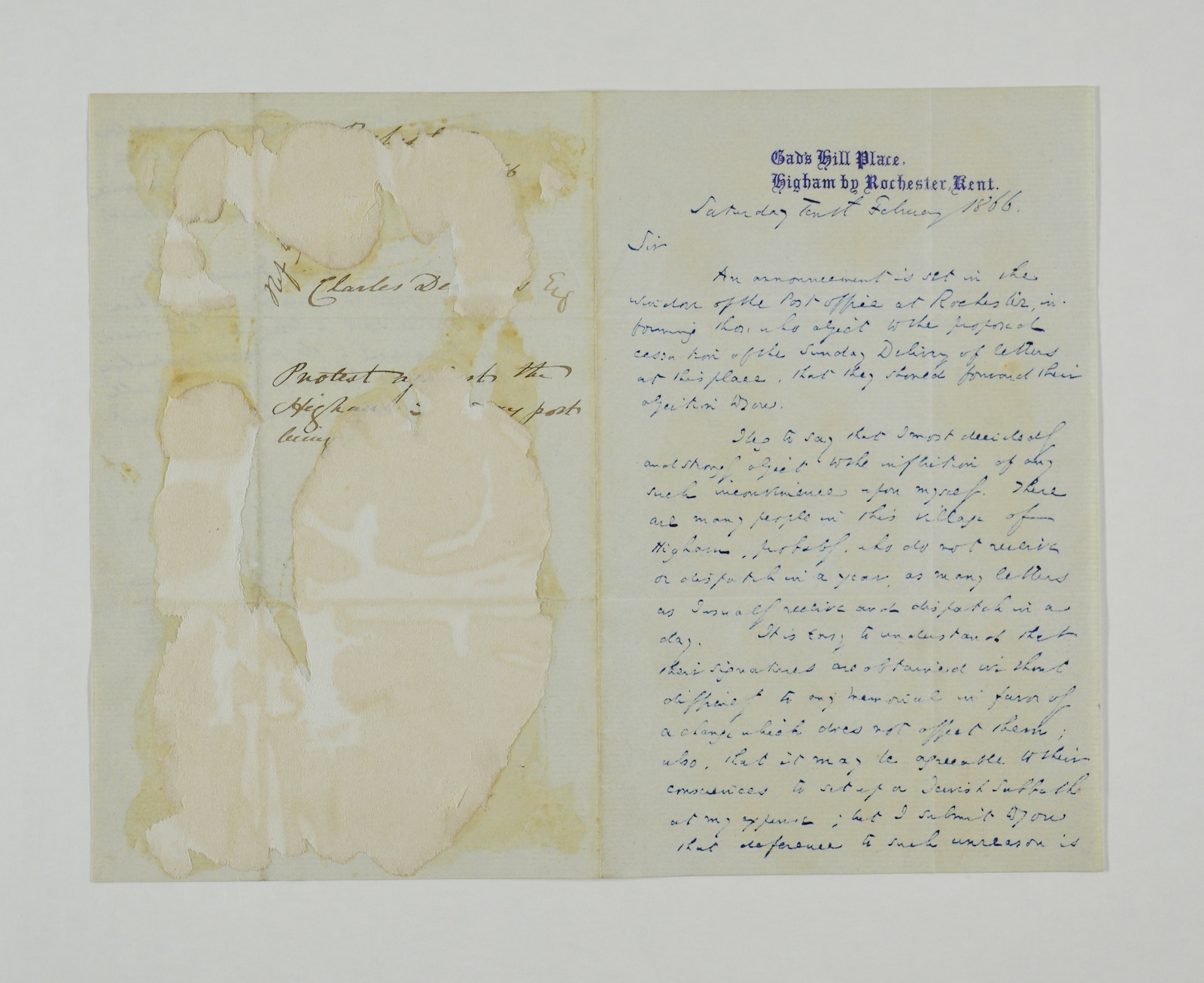 Charles Dickens letter to I. H. Newman from Gad's Hill Place, February 10, 1866, in which he complains against a proposed change to the Sunday postal service