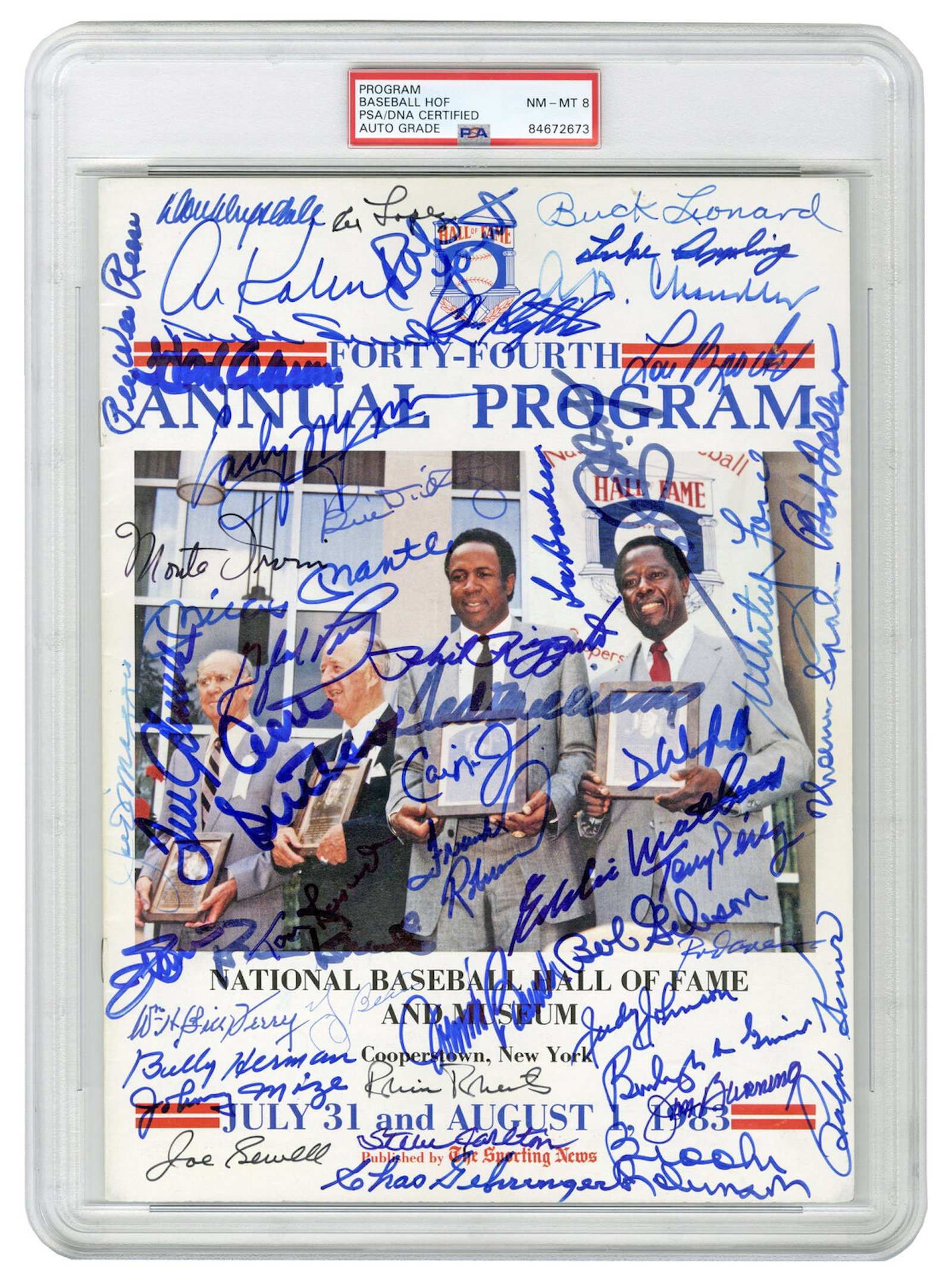 Program guide from the 44 th annual Baseball Hall of Fame induction ceremony in Cooperstown, New York in 1983, signed by over 50 present and future Hall of Famers including Mantle, DiMaggio, Aaron, etc.