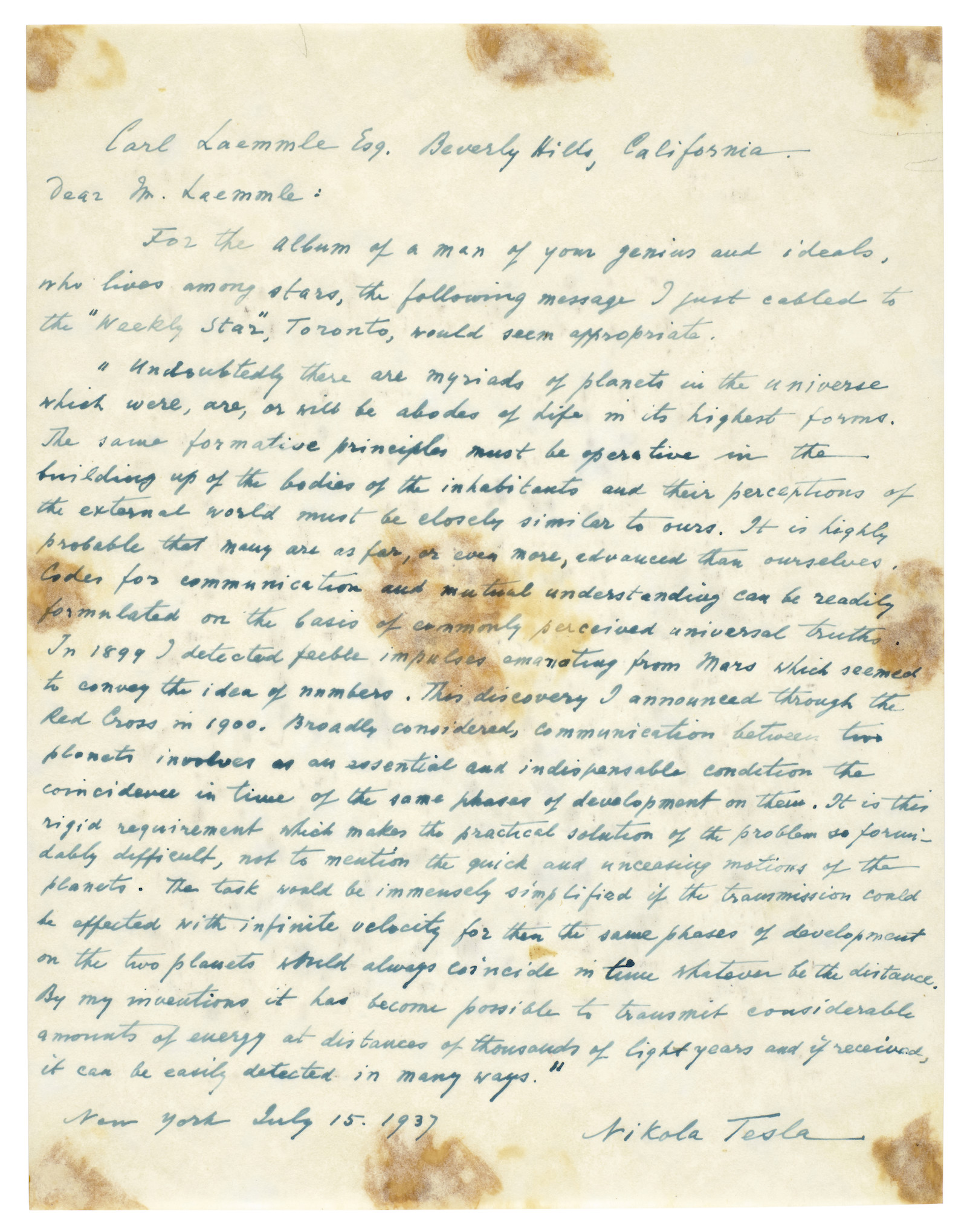 Tesla's letter on extraterrestrial communication