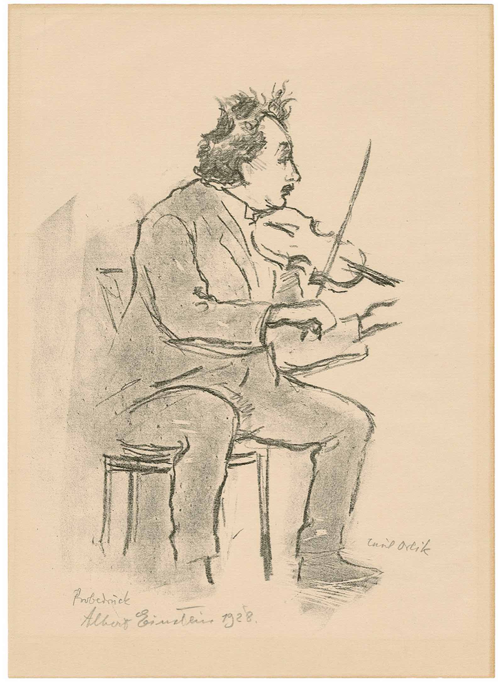 A full length, lithographic portrait of Albert Einstein (1879–1955) playing the violin by Emil Orlik