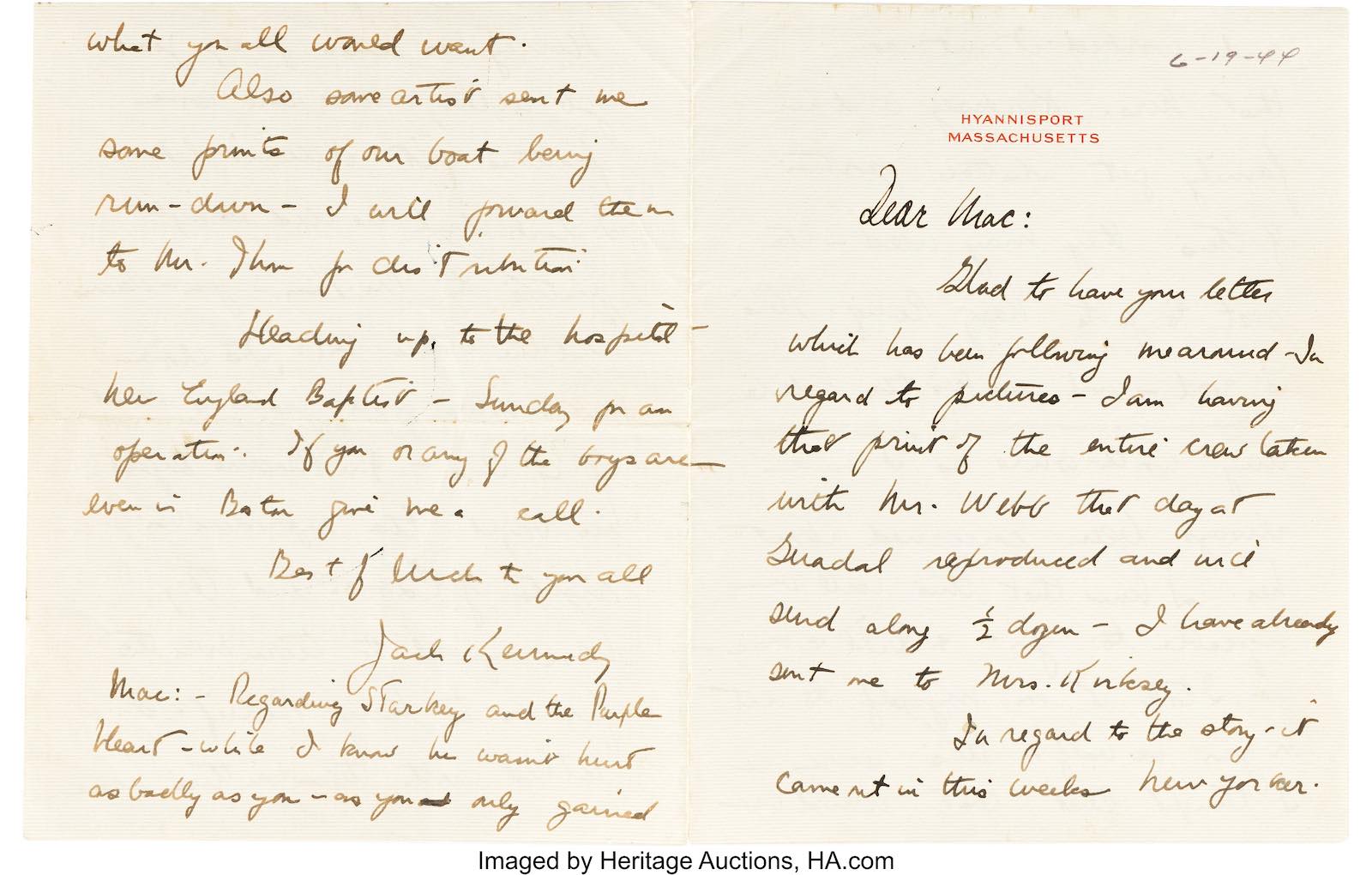 A John F. Kennedy autograph letter signed to a crew member of a Navy patrol torpedo boat