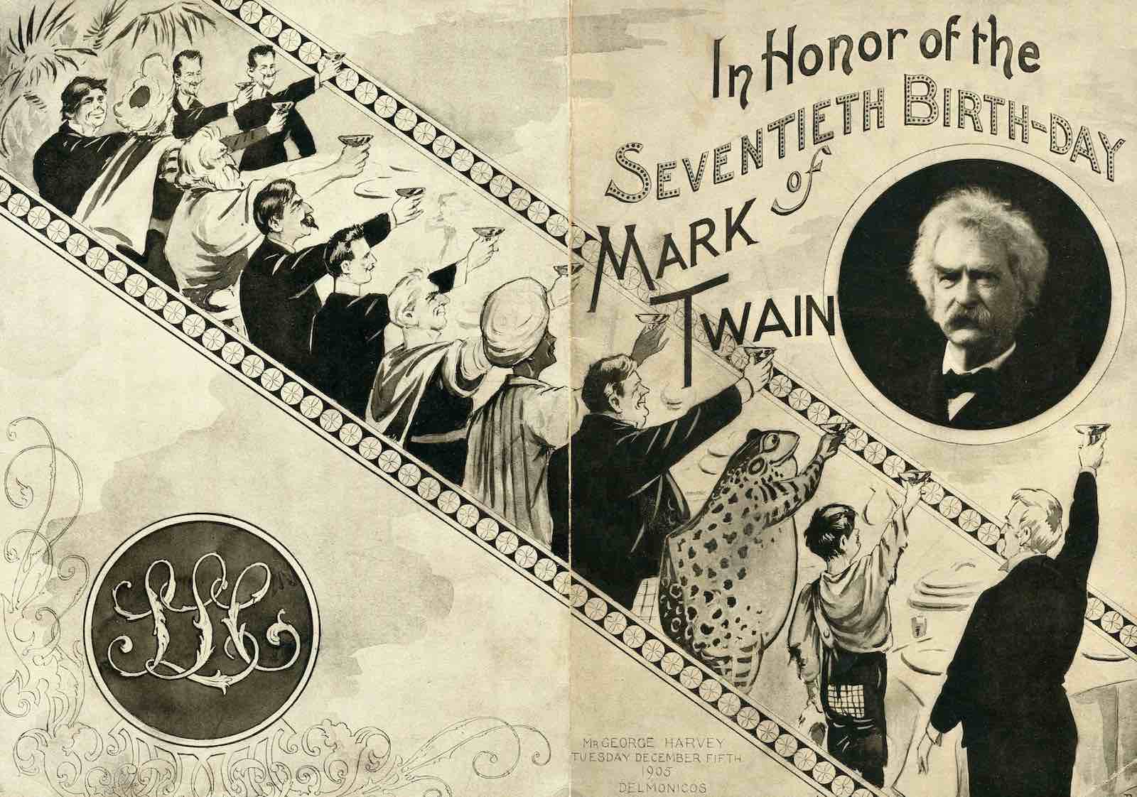Delmonico’s, Mark Twain’s Seventieth Birthday, New York City, 1905, menu