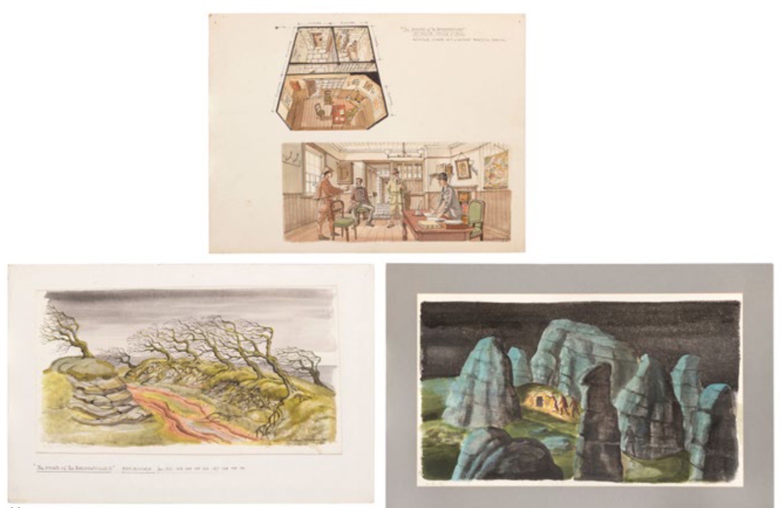 A pair of original storyboards and an original set design sketch by Michael Stringer for the 1983 HBO adaptation of The Hound of the Baskervilles