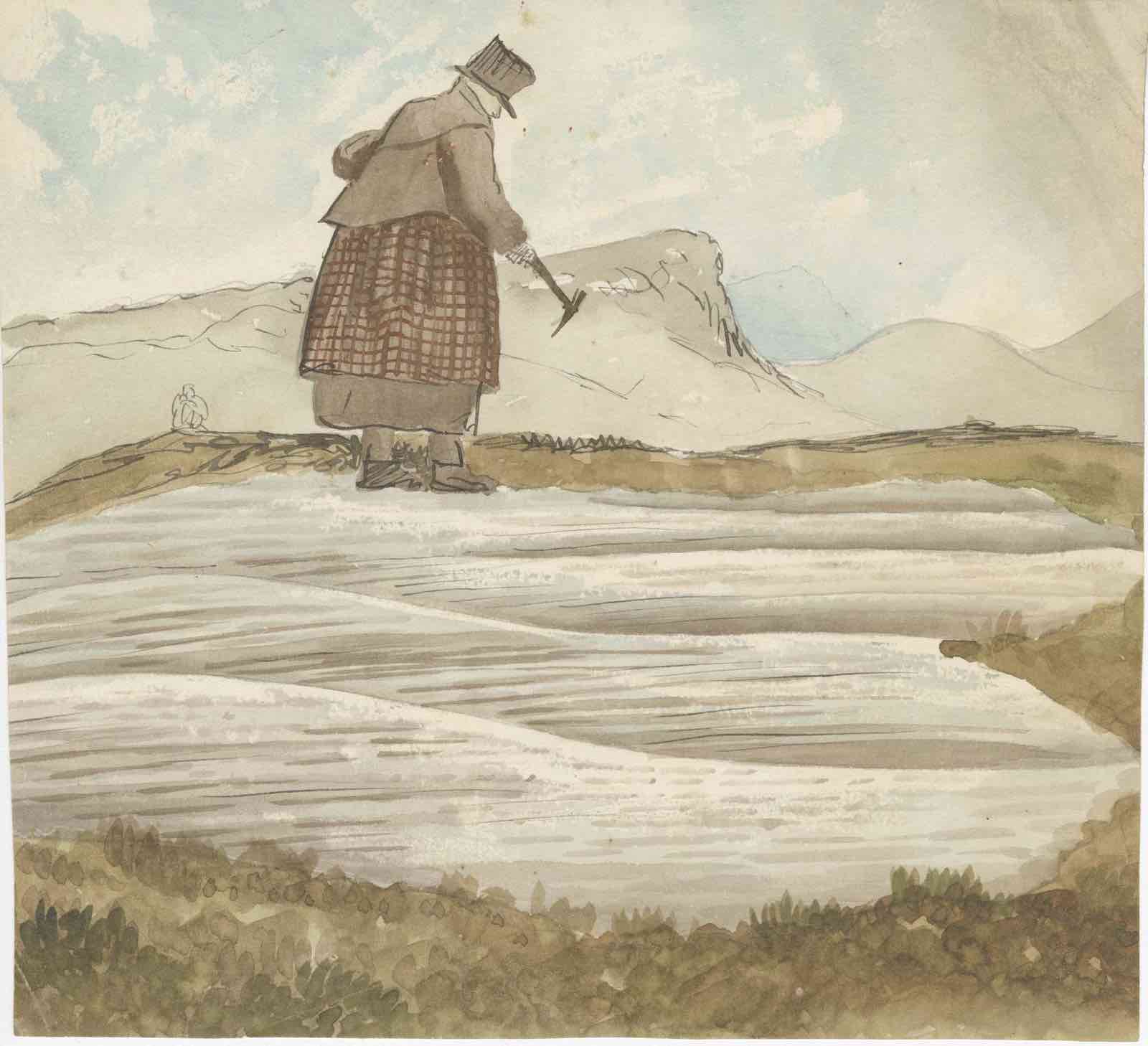 Watercolour of William Buckland inspecting a rock formation in Snowdonia, by Thomas Sopwith October 1841.