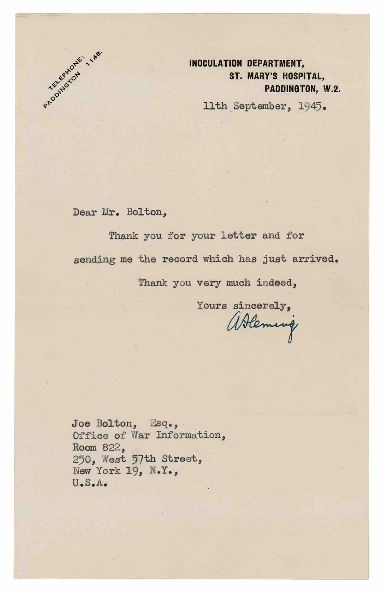 Alexander Fleming Handwritten Manuscript on Penicillin. Estimate: $50,000
