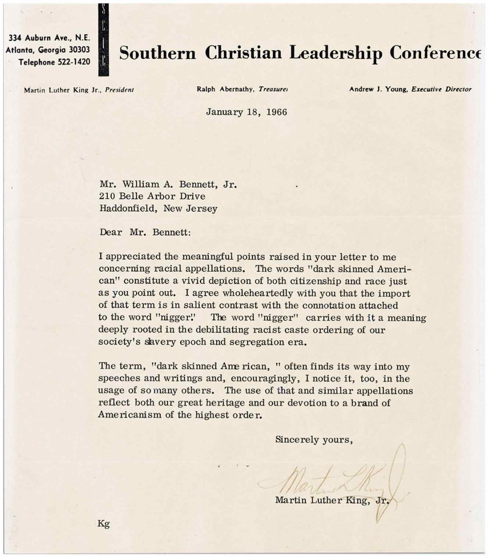 Martin Luther King, Jr.'s  typed letter concerns the use of the 'N' word