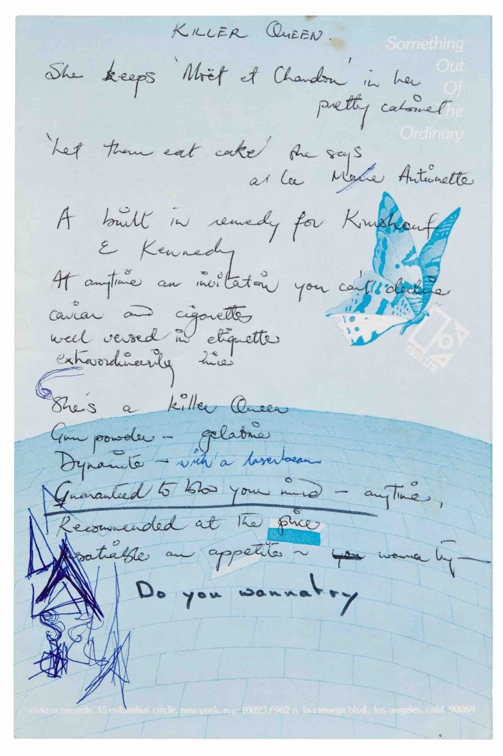 Autograph manuscript working lyrics to Killer Queen