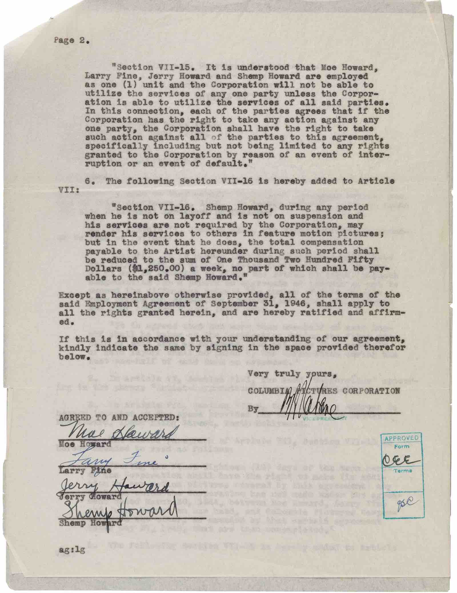 Three Stooges signed contract