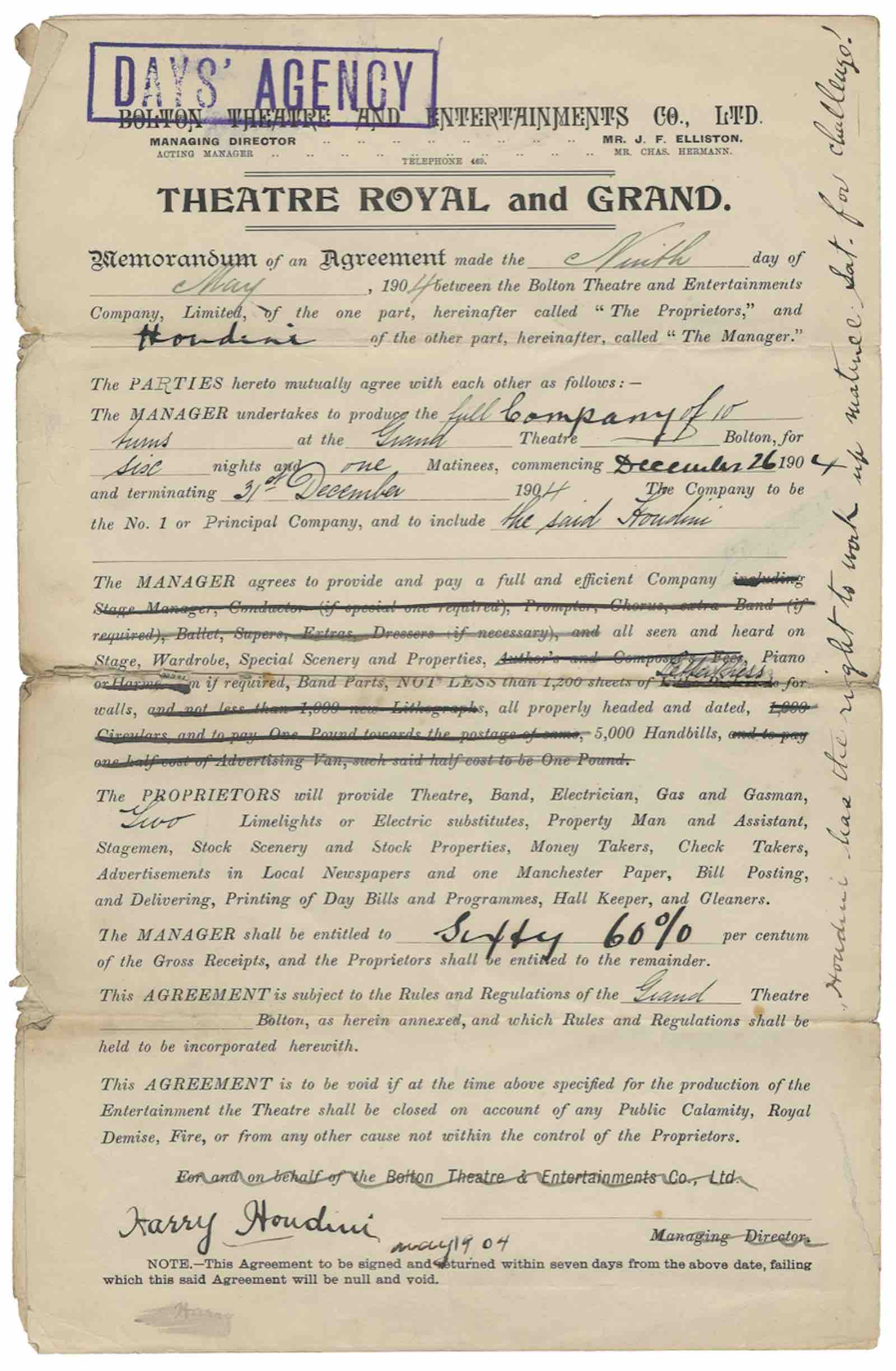 Houdini theatrical contract