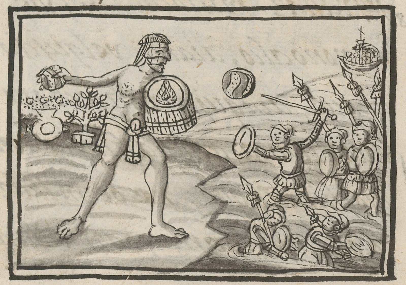 Heroic Tlatelolcan warrior, Tzilcatzin, throwing stones at the invading Spaniards in Book 12 of the Florentine Codex, 1577, Alonso Vegerano.