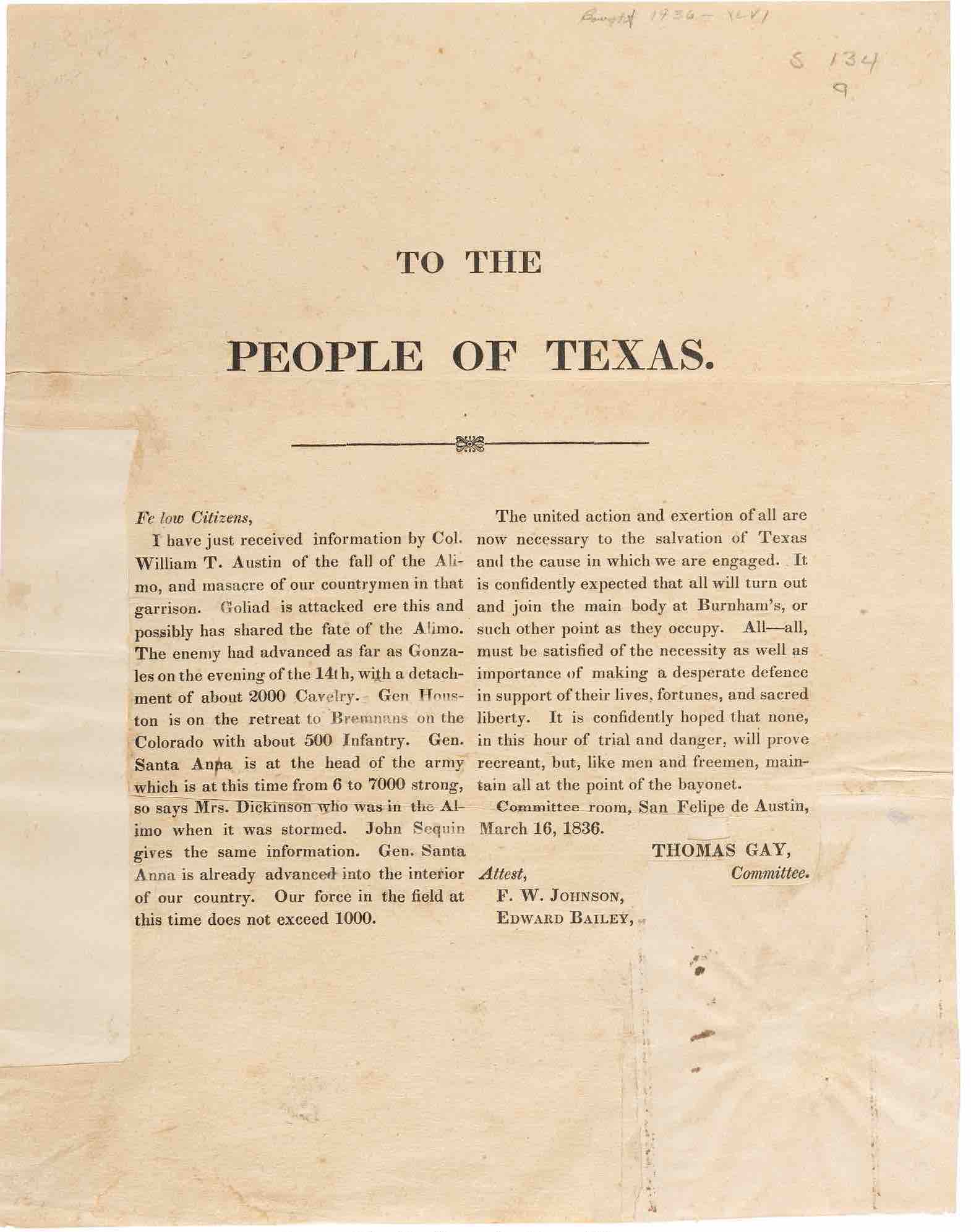 Thomas Gay broadside announcing the fall of the Alamo