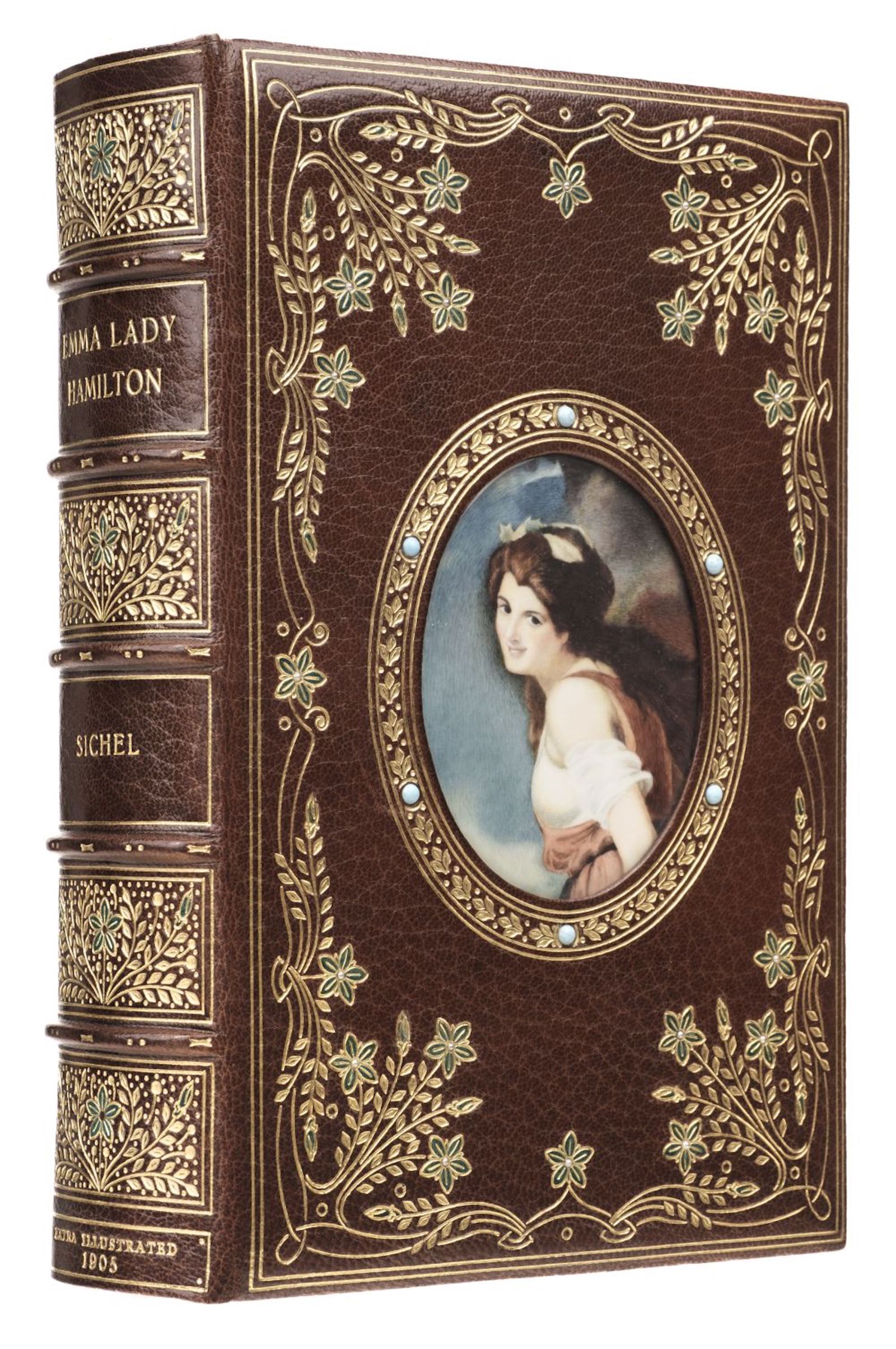 Finely bound in later Cosway-style brown full morocco by Bayntun Riviere, Bath. Emma Lady Hamilton. From new and original sources and documents, together with an appendix of notes and new letters, by Walter Sichel, frst edition, London: Archibald Constable and Company, 1905.