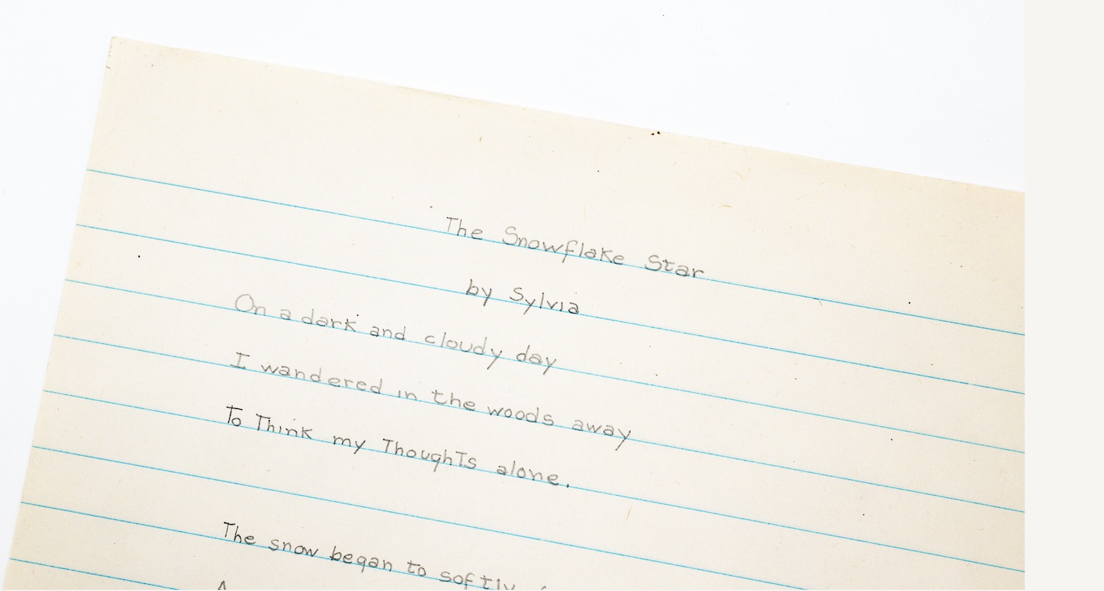 Type Punch Matrix: unpublished autograph poem The Snowflake Star by Sylvia Plath  [circa 1945]. Original autograph manuscript of one of Plath’s earliest poems in a version preceding the 1946 revision published in her junior high school literary magazine and collected nowhere else.