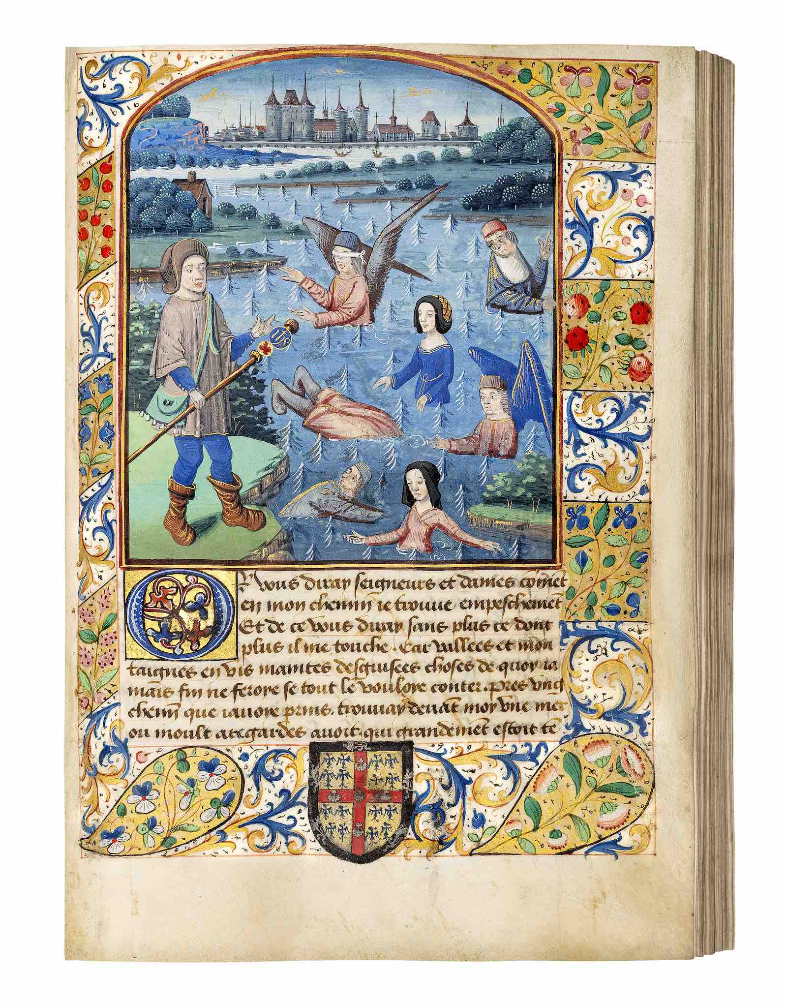 Half-page illumination depicting Guillaume as a pilgrim arriving at the Sea of the World fol. 128r. Guillaume de Digulleville, Le Pèlerinage de la Vie Humaine, in the prose version made for Jeanne de Laval, and Le Pèlerinage de l'Âme, the latter in the prose version of Jean Galopes, both texts in French, illuminated manuscript on vellum. Angers and/or Paris c. 1478.