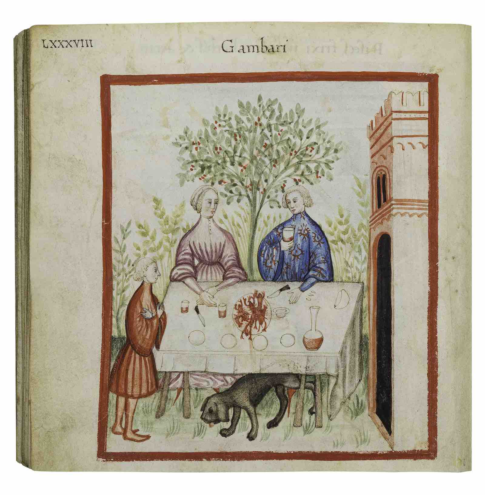 A couple enjoying some crayfish and red wine while a servant stands by. All the while, a dog is looking for some delicacies which might have made their way to the floor. fol. 44v. The Liechtenstein Tacuinum Sanitatis. Illuminated manuscript in Latin on vellum (illuminated by four distinct artists) Italy, Padua, c. 1450.