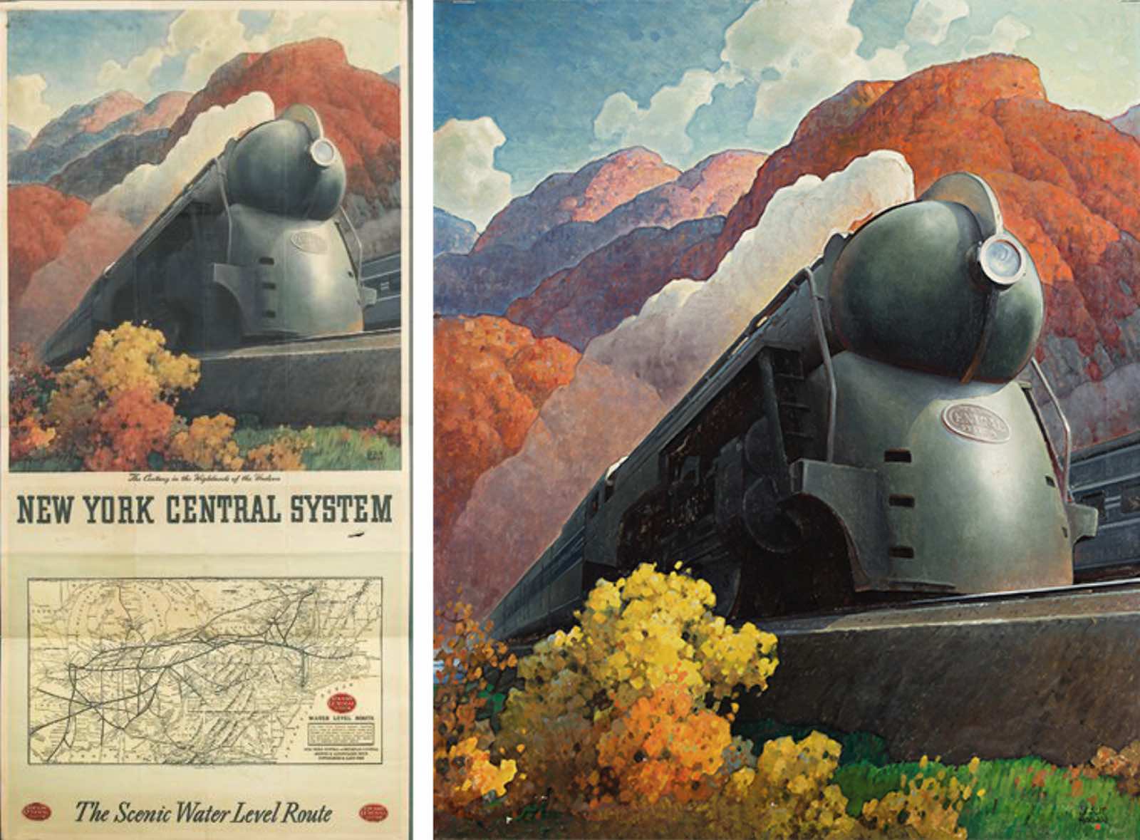 Leslie Ragan’s The Highlights of the Hudson: (left) Calendar back, 1944. Sold August 2012 for $510; (right) Original maquette, circa 1943. At auction October 10, 2024. Estimate $8,000 -  $12,000.