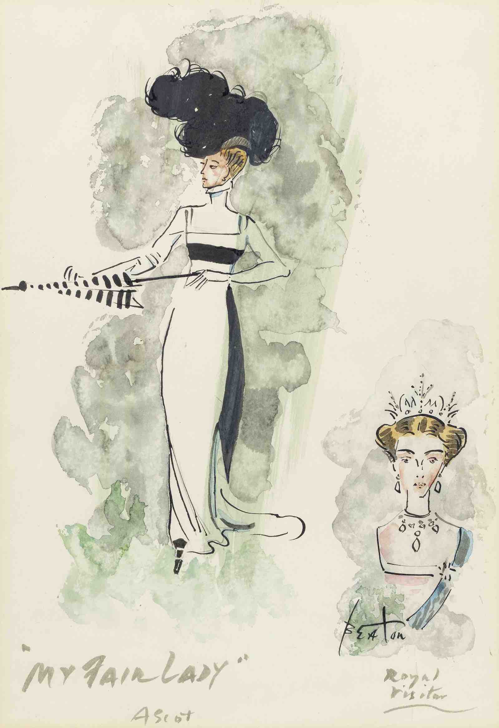 Cecil Beaton's costume designs for 'Ascot Visitor' and 'Royal Visitor' for My Fair Lady, 1956. Estimates £1,200 - £1,800