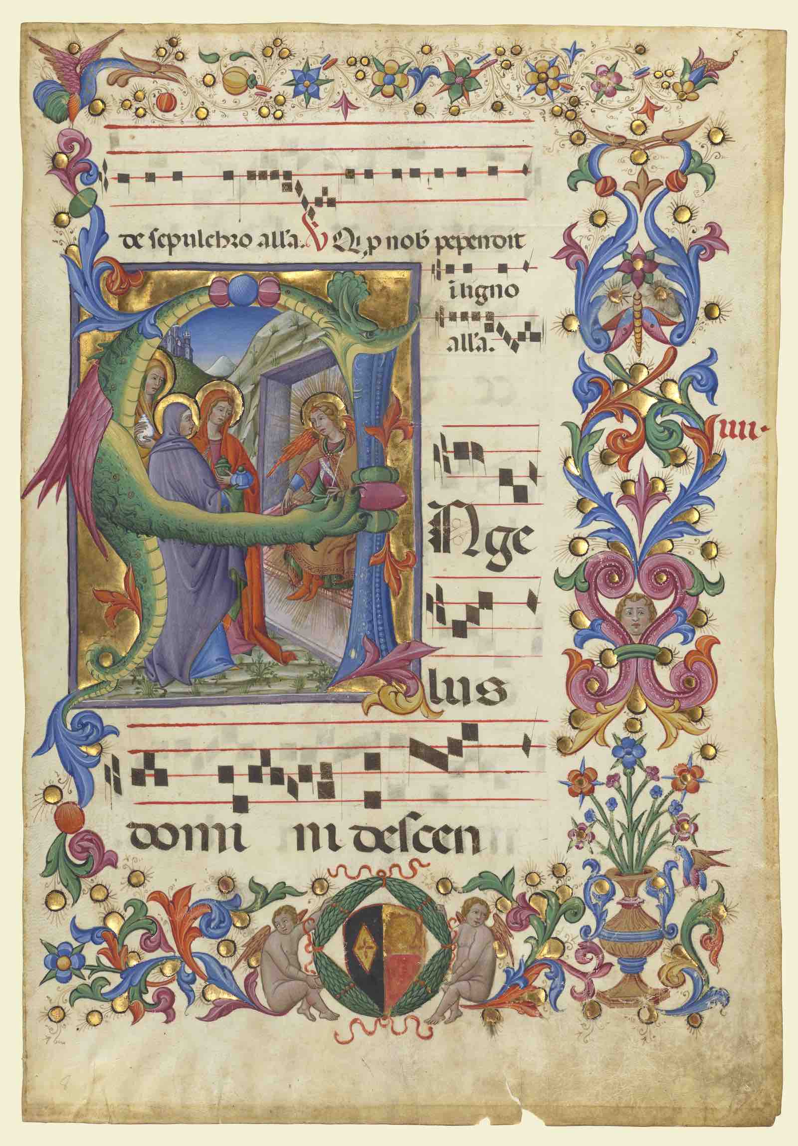 Initial A: The Three Marys at the Tomb, leaf from an antiphonal, about 1471, by Pellegrino di Mariano Rossini (Italian, active 1449, died 1492). Tempera colors, gold, and ink