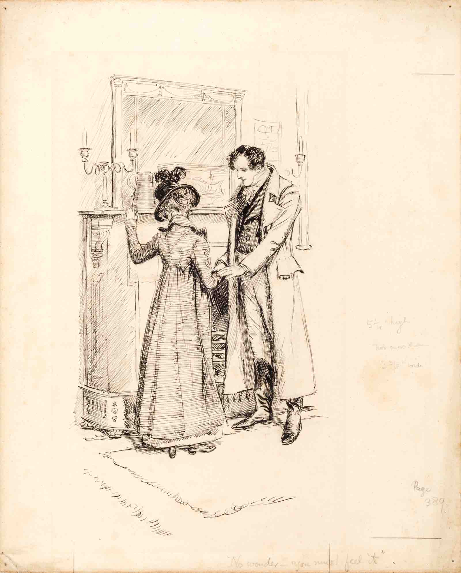 Fanny Price and Edmund Bertram at an inn in Oxford, Hugh Thomson, pen and ink drawing, 1896