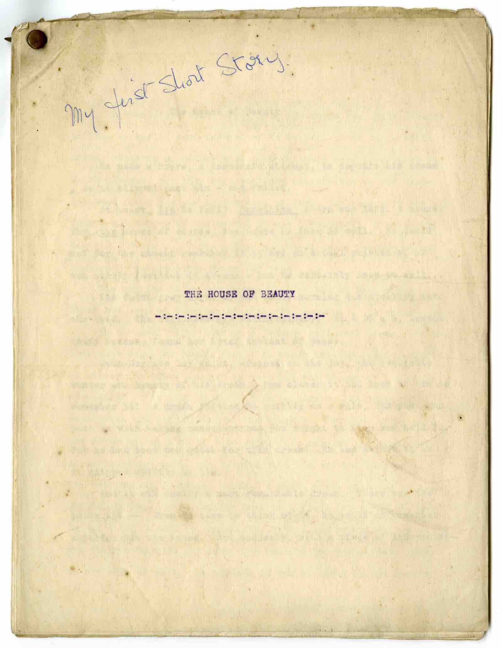 Cover of typescript of House of Beauty, Agatha Christie’s first short story written when she was a teenager.
